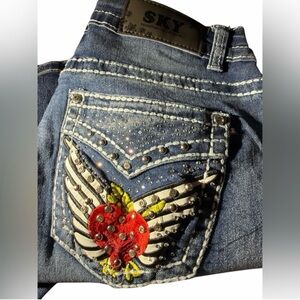 Sky Blue Flare Jeans with Red Heart Design